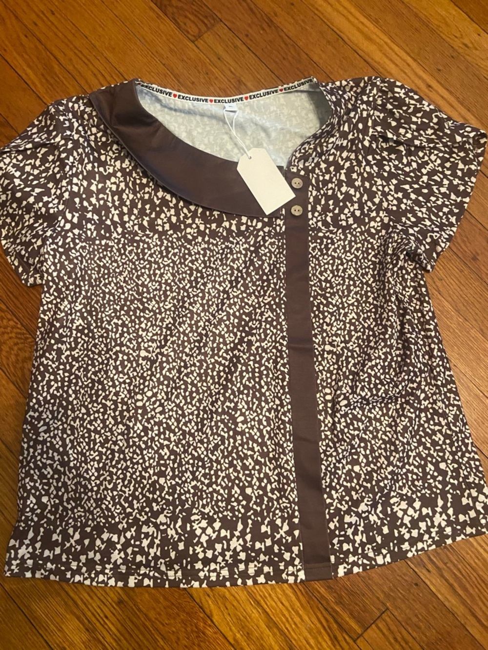 Women’s Brown & Cream Printed Short-Sleeve Blouse with Contrast Collar